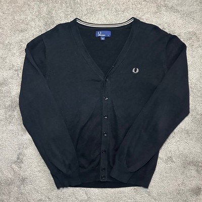 Fred Perry SK2077 Cardigan Mens L Black Cotton V-Neck Laurel Wreath