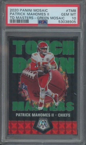 2020 Panini Mosaic Football Patrick Mahomes #TM8 Touchdown Masters Green PSA 10