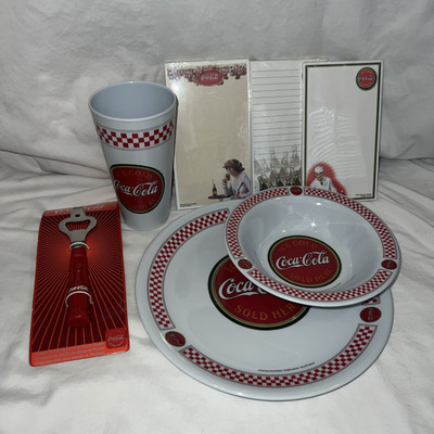 Coca Cola Lot Of 7/1Cup, 1 Bowl, 1Plate, 3 Magnet Note Pads And 1 Bottle Opener 