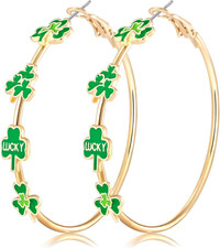 Holiday Hoop Earrings for Women Girl Glitter Festive Enamel Green Shamrock Charm