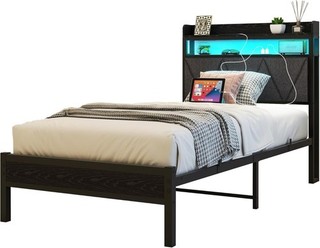 Single Bed Frame Metal Upholstered Headboard Charging Station LED
