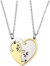 Stainless Steel Cat Kitty Necklace for Women Men Matching Cat Love Heart Yin Yan