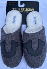 New True Religion Men s Slippers Gray Black Logo Faux Fur Lining Size L 11-12