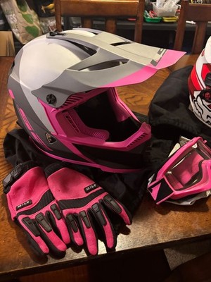 ls2 youth large dirtbike helmet, fly googles and bilt gloves