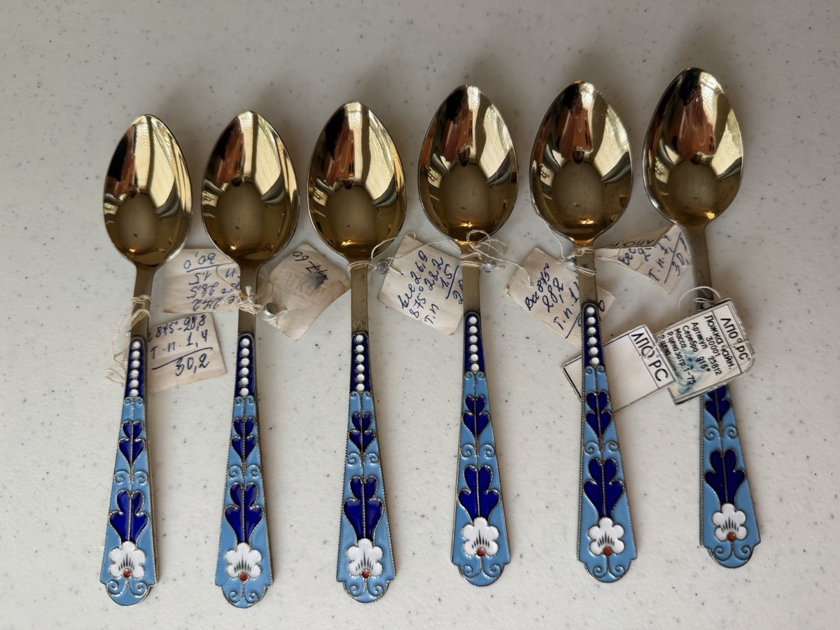 Vintage USSR 916 Silver Enamel Spoon Set of 6 with Tags | eBay