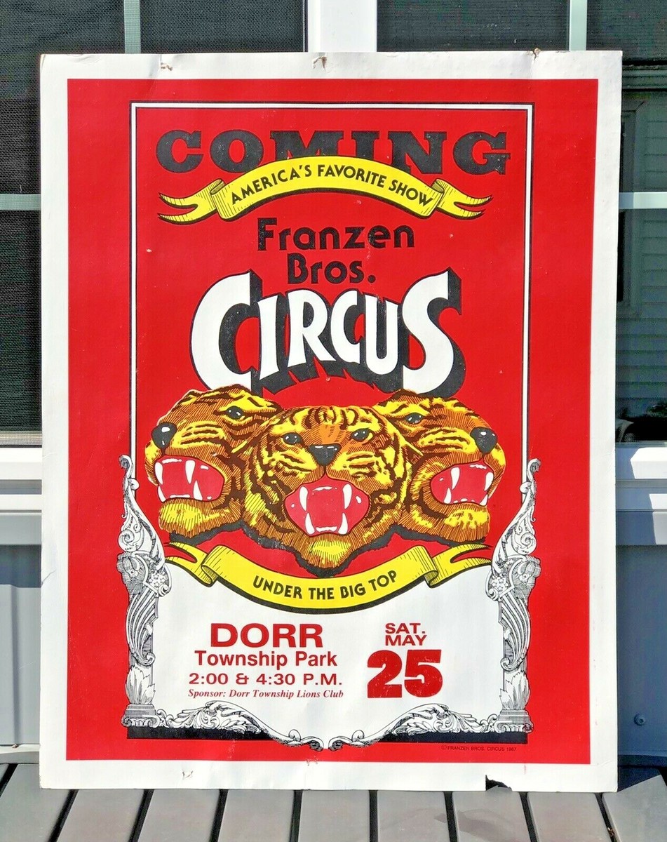 1987 FRANZEN BROS CIRCUS TIGERS POSTER BOARD DORR LIONS CLUB PARK