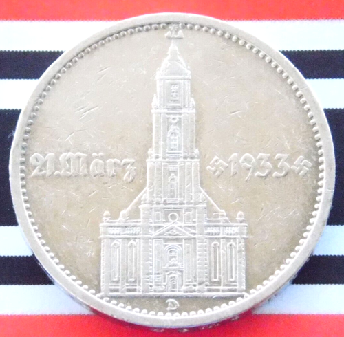 GERMAN 5 REICHSMARK 1934 D Potsdam CHURCH SWASTIKA Date Silver Coin 3RD WW2 Mark