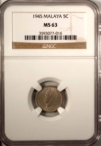 Malaya 5 Cents 1945 NGC MS 63 UNC  Silver George VI