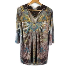 Unity World Wear Womens TunicTop Size 2X Blue Brown Studded Front Crochet Back