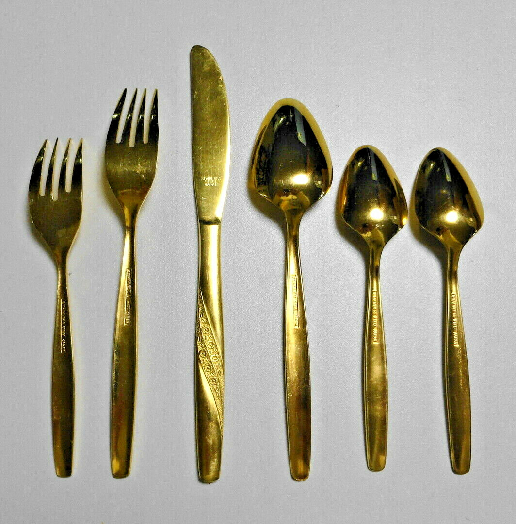 Vintage Stainless Japan GoldTone 6 Piece Place Setting Flatware
