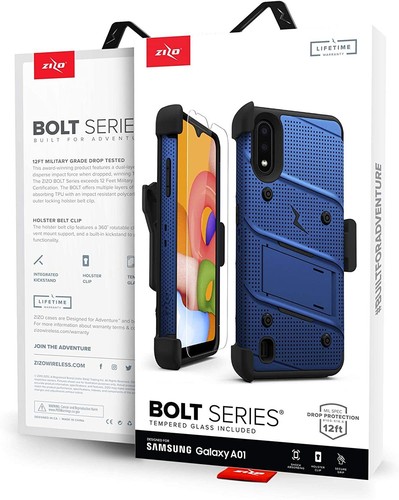 ZIZO BOLT Galaxy A01 Hard Case w/ Glass Protector, Kickstand, Holster & Lanyard - Picture 5 of 16