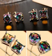 Men Women Sterling Silver Post Stud Square Round Colorful CZ Earrings Gift PE22