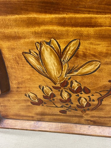 Wood Tray with inlay etching flower scene possible teakwood vintage antique - Picture 12 of 18