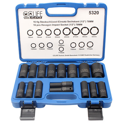 16tlg Schlagschrauber Nüsse Set Schlagnuss Steckschlüssel Einsatz 10-32mm 1/2''