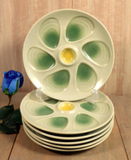 6 Antique French Majolica Pottery Oyster Plates Salins Celadon -Ships DDP to USA