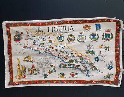 Vintage Italian Monveni R  Liguria Coastal Cloth Map Imaginative Decor Seaside