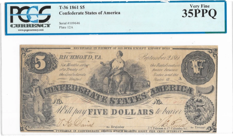 T-36 1861 $5 CONFEDERATE STATES NOTE PAPER MONEY PCGS CURRENCY VF35 PPQ EPQ PF-4 - Image 3 of 4