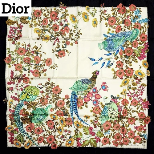 Christian Dior grande écharpe en soie noire avec logo oiseau floral authentique du Japon RIN