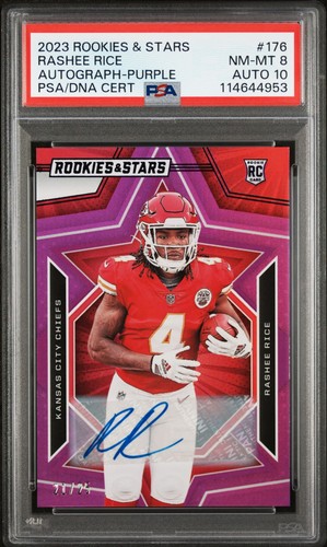 PSA 10|8 RASHEE RICE AUTOGRAPH - PURPLE /25 (RC) 2023 PANINI ROOKIES & STARS #176
