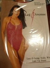 Leg Avenue PINK Lace G-String Teddy With Lace Up Front 8174 One Size 90-160 Lbs