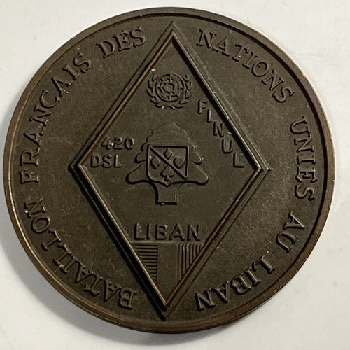 French Battalion In Lebanon Solid Bronze Large United Nations Medallion 420 DSL