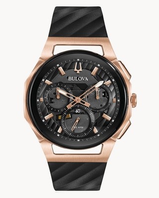 Bulova 98A185 Curv Rose Gold Tone Case Chronograph Men's Watch Black Dial
