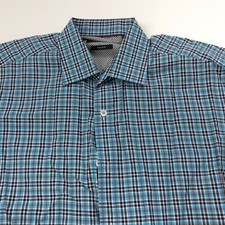 Bugatchi Uomo Classic Fit 15/36 Long Sleeve Cotton Check Plaid Dress Shirt Blue