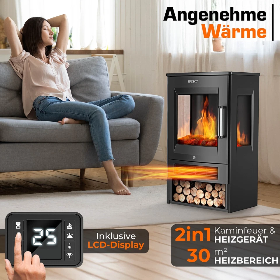 TRESKO® Elektrokamin mit Heizung Elektrischer Kamin LED Standkamin Heizlüfter - Bild 3 von 4