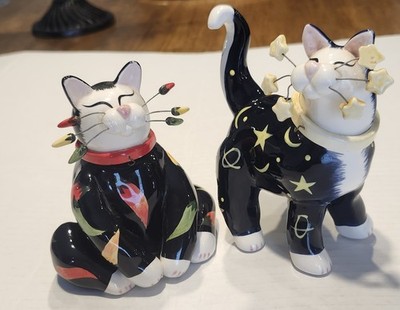 Lot of 2 Amy Lacombe WhimsiClay Cat Figurines Signed Celestial Holiday 2001