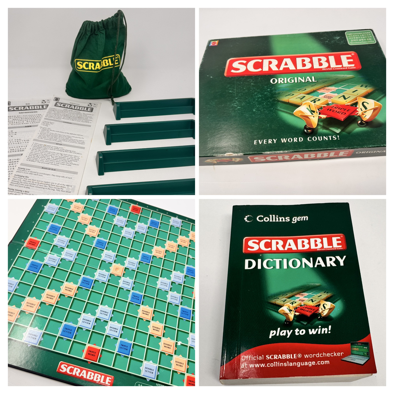 Scrabble Original Game Mattel U.K. Complete w/ Matching Collin’s Gem Dictionary