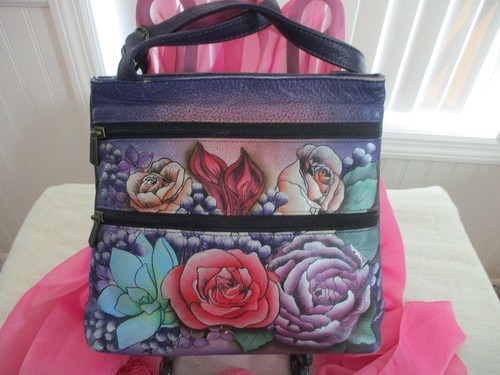 Anuschka Hand-Painted Leather Crossbody Bag - Medium Floral Eggplant Design