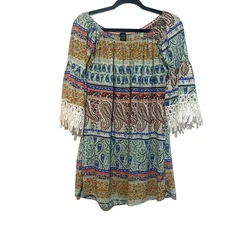 Win Win Paisley Off The Shoulder eyelet lace Sleeve Tunic womens Size L-XL Boho