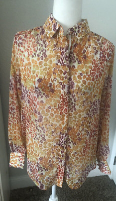 CHICOS Sz 0 S Orange Purple Chiffon ANIMAL PRINT Button BLOUSE L/S Leopard 4-6