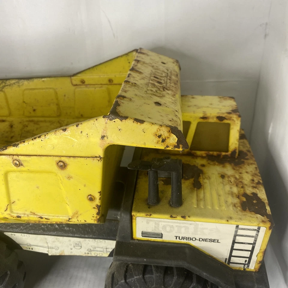 Vintage 1980s 16” Mighty Tonka XMB-975 Metal Dump Truck Yellow Turbo Diesel - Image 3 of 4