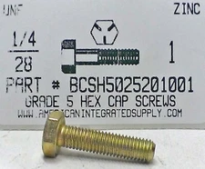 1/4-28x1 Hex Head Cap Screws Grade 5 Steel Zinc Yellow Plated (20)