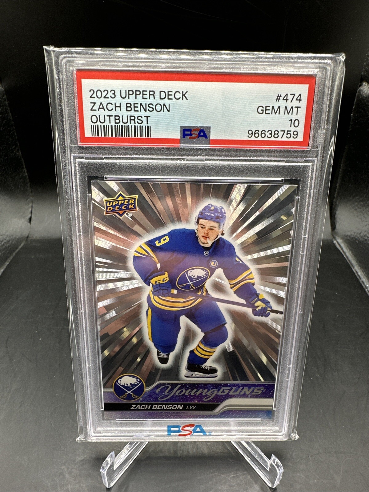2023-24 Upper Deck Zach Benson Outburst Young Guns #474 PSA 10 Gem MT Sabres
