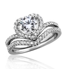 Sterling Silver 2pcs Engagement Wedding Heart CZ Ring Set w/ 6mm 1ct Center CZ