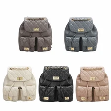 Quilted Real Leather Drawstring Bucket Backpack Daypack Chain Flap Purse Travel