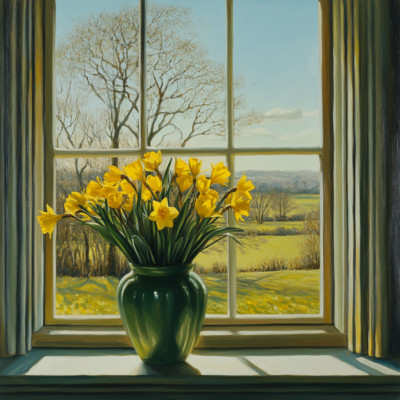 Narzissen in einer Vase Ölgemälde Luxus Leinwand Wandbild Bild Druck bunt