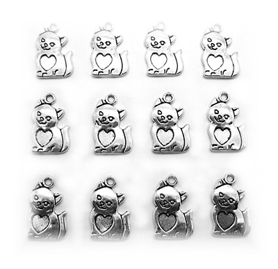 12 pcs ANT. SILVERTONE Kitty Cat Kitten CATS Charms Pendants 21mm x 13.5mm x 2mm