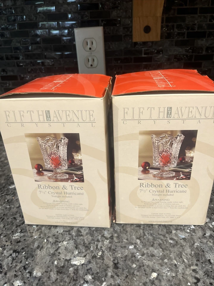 Lot of 2 Fifth Avenue Portico 7.5in Crystal Hurricane Candle Vase Ribbon & Tree - Image 4 of 4