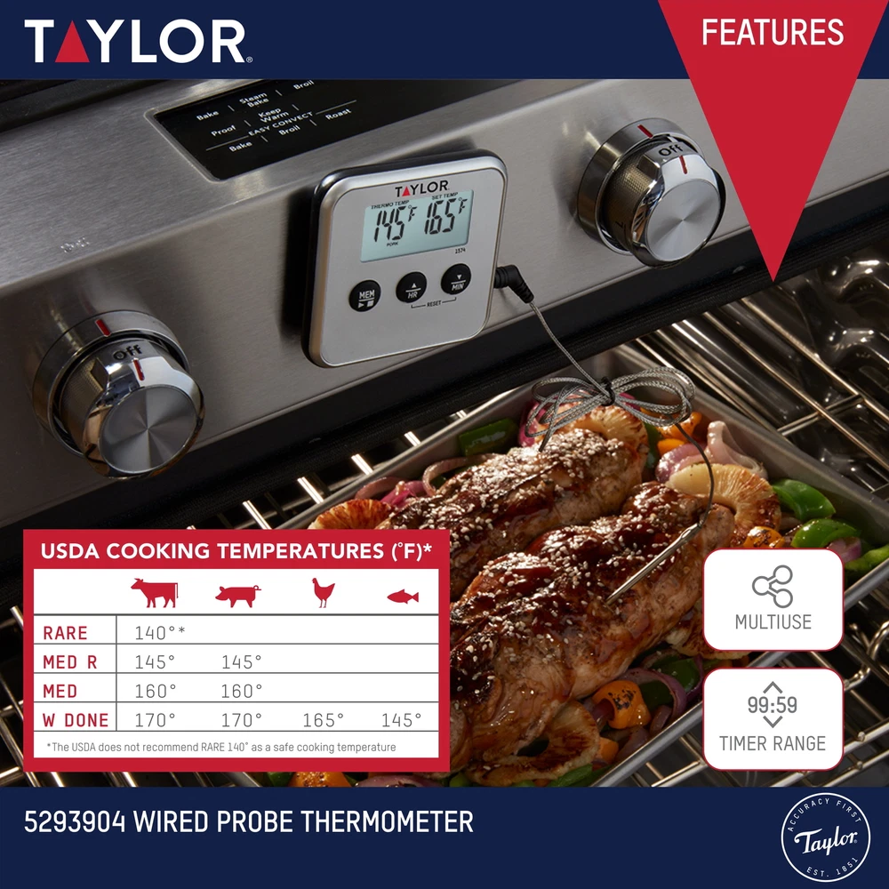 Digital Meat Thermometer W/ Timer Wired Probe Programmable Cooking Kitchen NEW