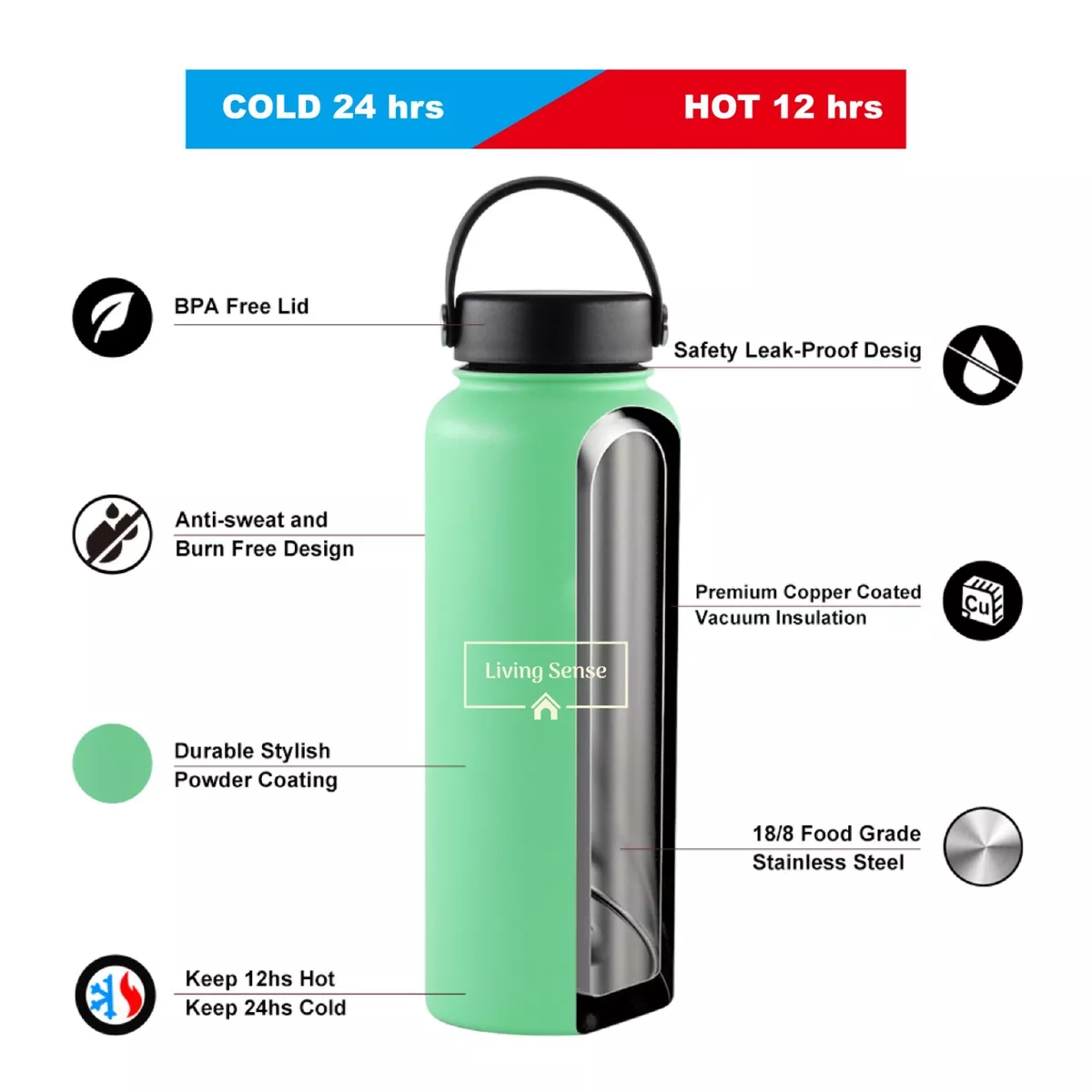 Double Wall Stainless Steel Water Bottle Vacuum Insulated Black Thermos  Flask