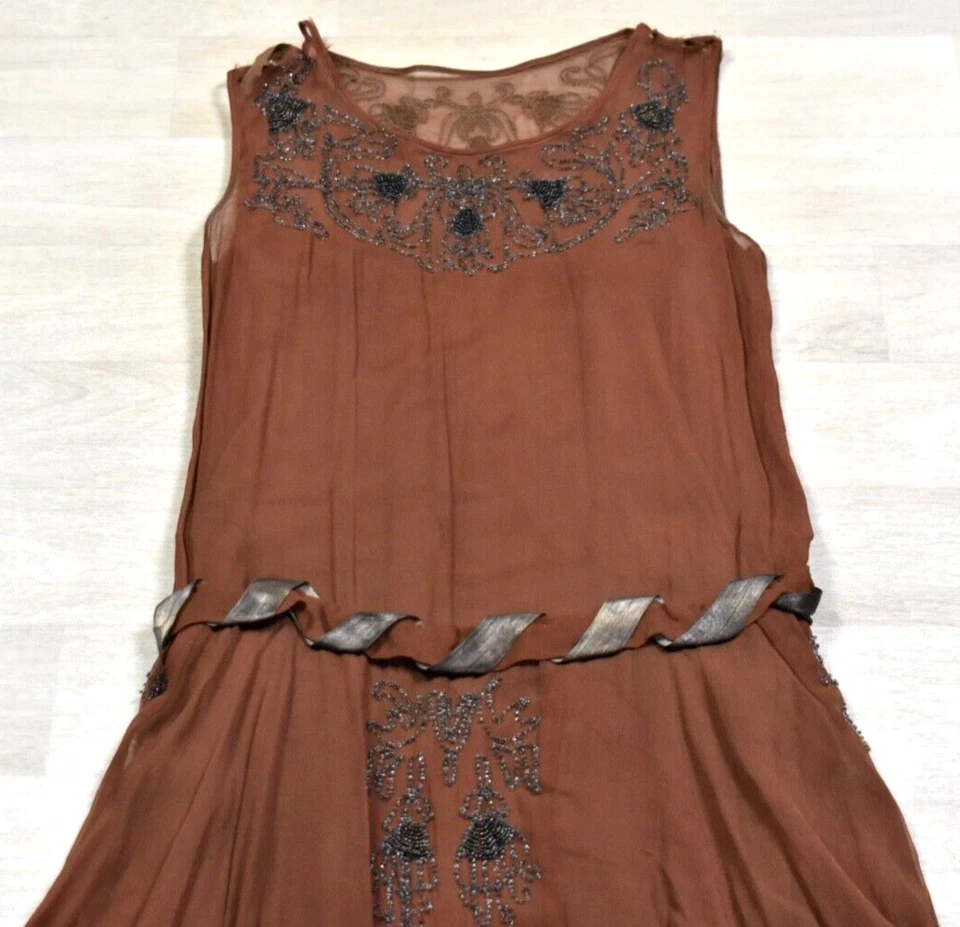Antique 1920’S Heavily Beaded Brown Silk Chiffon Flapper Dress Great Gatsby VTG - Image 2 of 4