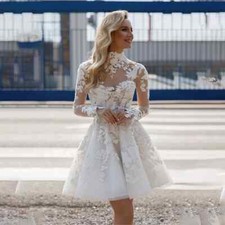 Elegant Sheer Illusion High Neck FullSleeves Lace Applique Short Wedding Dresses