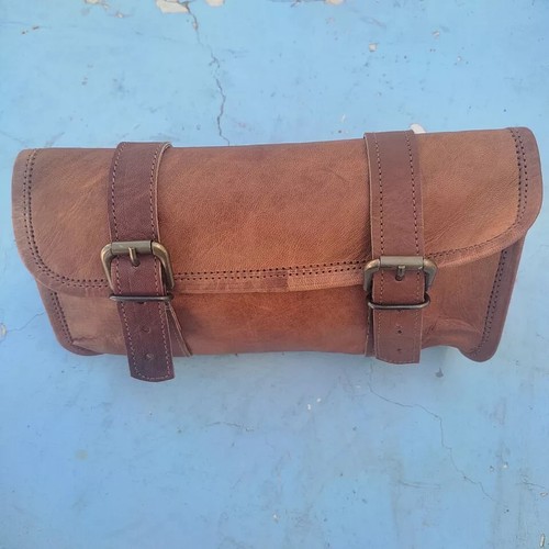 Goat Leather Vintage Tool Brown New Motorcycle Buckle Closure Genuine Strap Bag - Picture 2 of 4