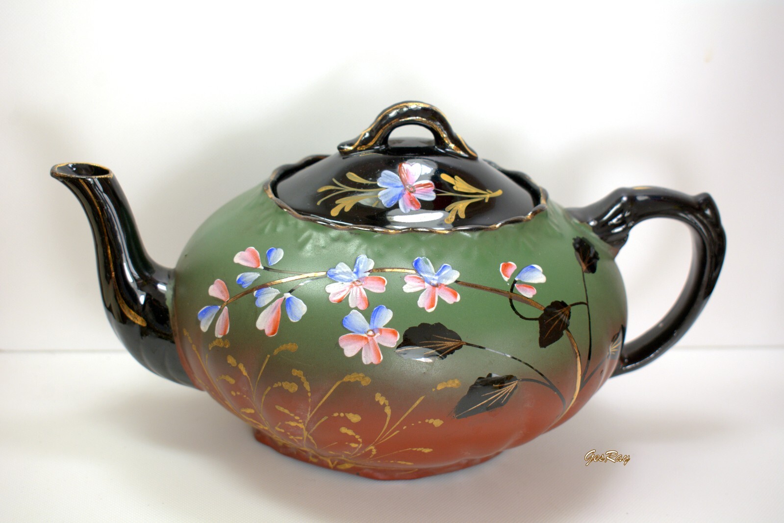 Antique Victorian Jackfield Black Green Gilt Floral Teapot Gibsons Jetware eBay