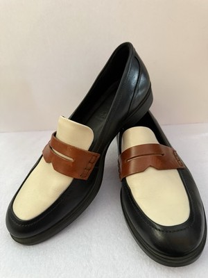 ECCO Black Brown White Leather Women s Loafer Penny Strap Colorblock Shoes 8-8.5