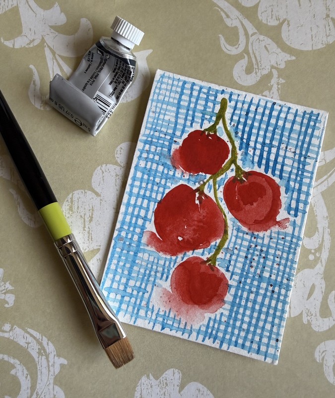 Original Handmade Signed ACEO Watercolor  tomatoes OOAK Tiny artwork 