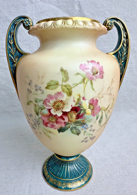 Antique Royal Worcester Porcelain Teal and Gilt Floral Vase